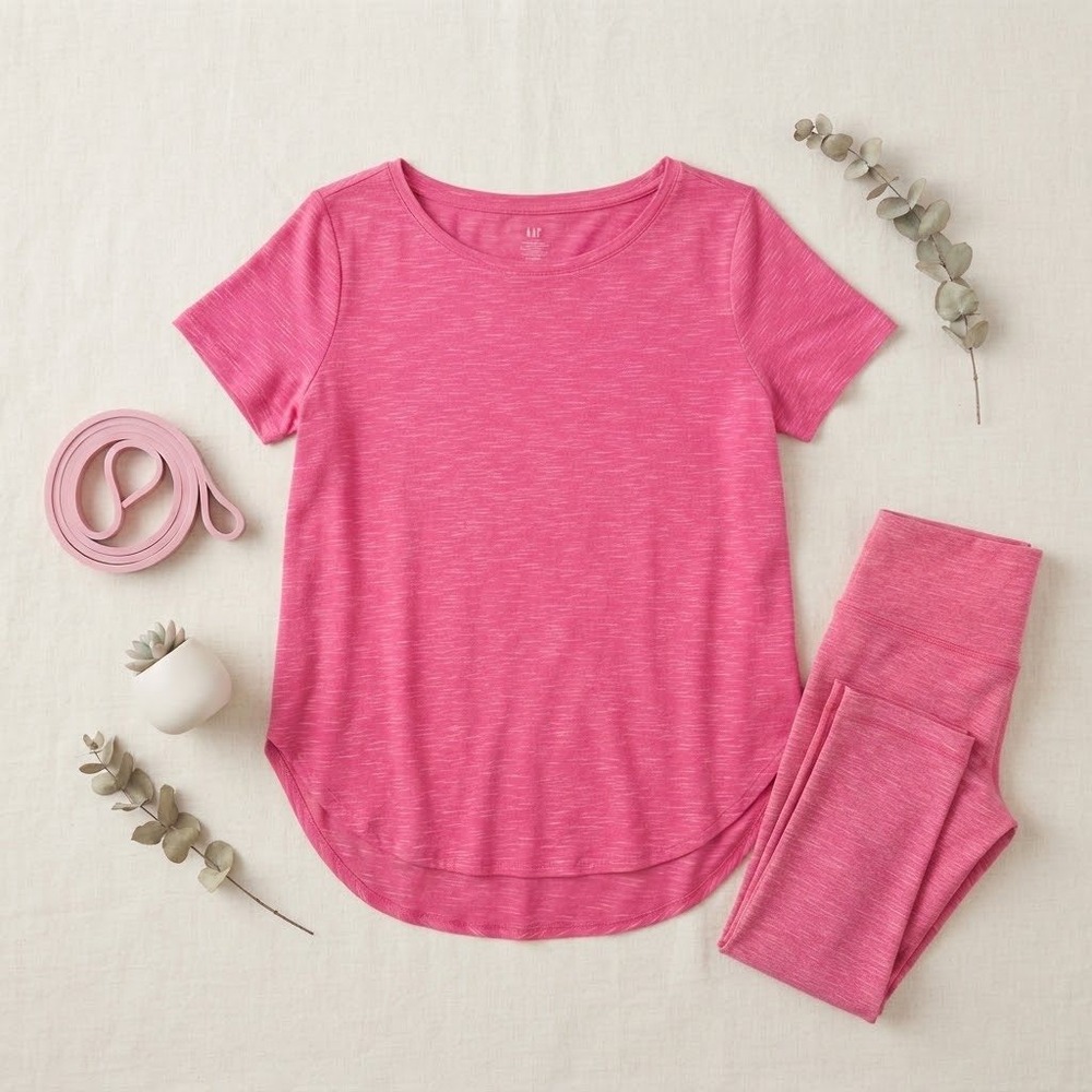 GapFit Breathe Womens Large Tall Pink Space Dye Short Sleeve Curved Hem T-Shirt